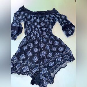 Hollister Navy and Light Blue Off the Shoulder Romper